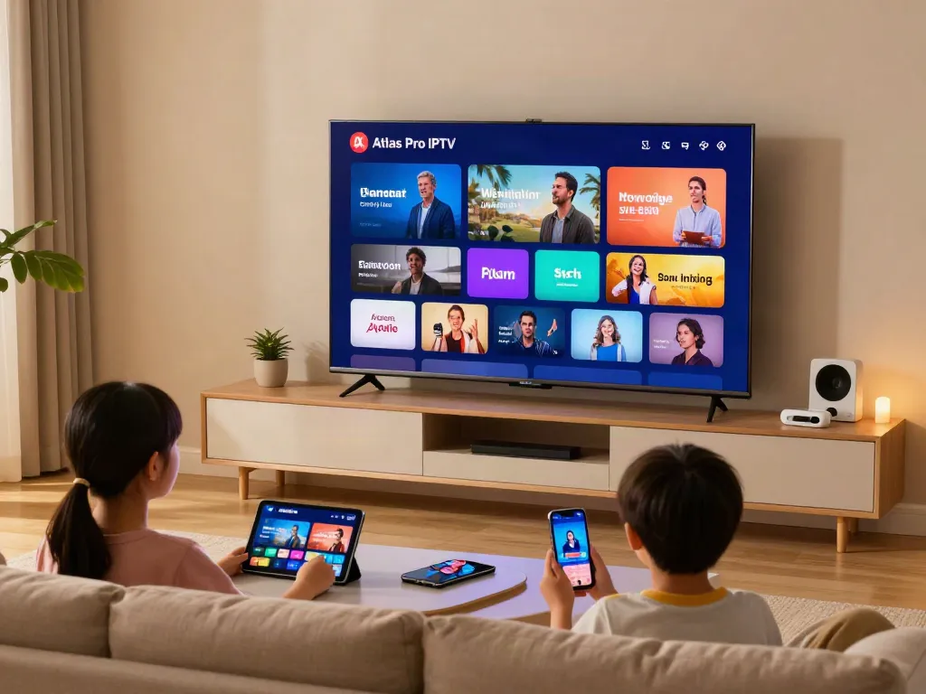 Regardez des chaînes en direct avec atlas pro iptv dans un salon chaleureux et convivial.