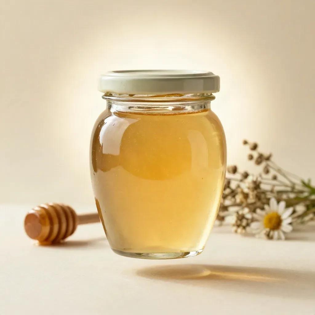 Pot de miel de fleurs sauvages en verre clair, flottant sur fond crème doux