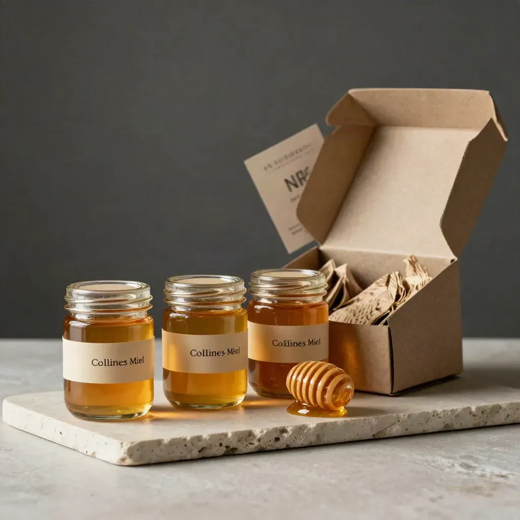 Coffret famille de miels en offre, trois pots, rayon et boîte cadeau sur pierre claire.