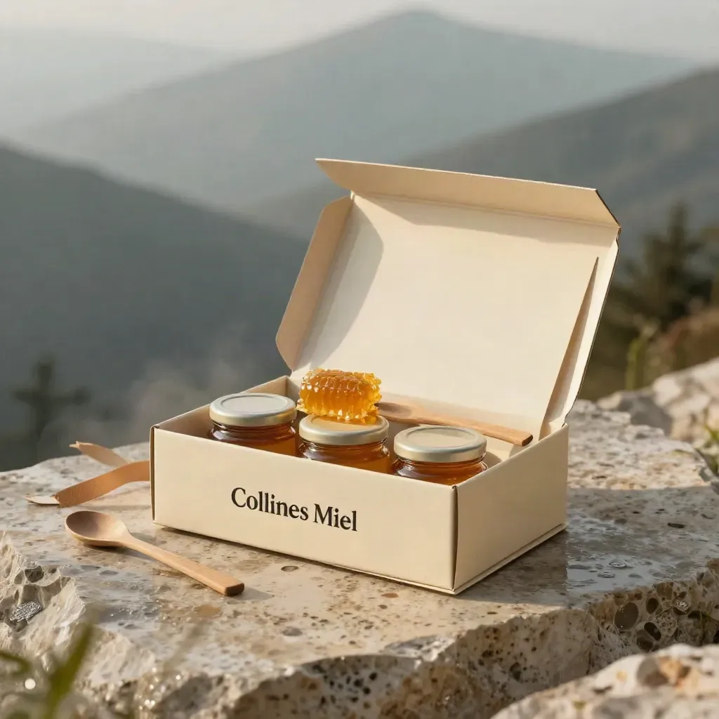 Coffret dégustation famille ouvert avec pots de miel, rayon et cuillère sur travertin humide