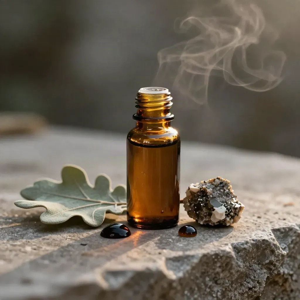 Flacon ambré de propolis brute avec feuille de chêne et pierre brute, lumière douce