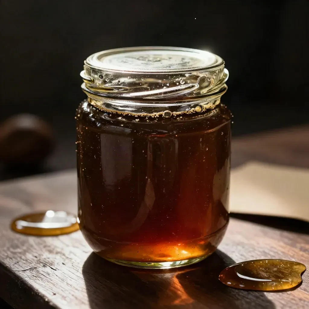 Gros plan d’un pot de miel de châtaignier sombre sur bois noirci, lumière rasante et poussière dorée.