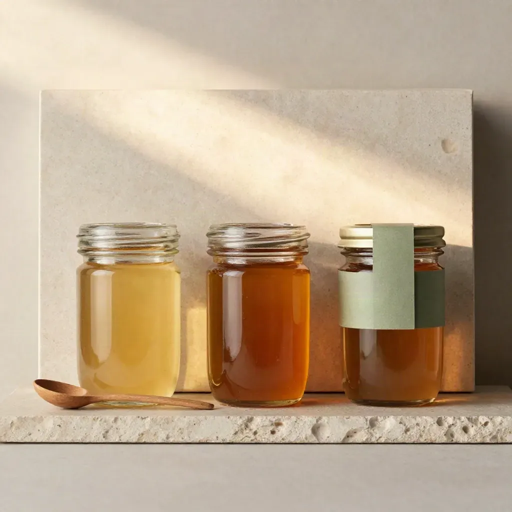 Trois pots de miel en pack dégustation, cuillère en bois et carton cadeau sur pierre claire.