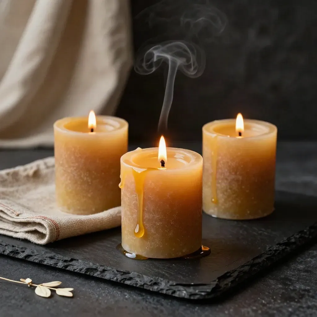 Trois bougies en cire d’abeille, une allumée, sur ardoise noire avec lin et légère fumée.