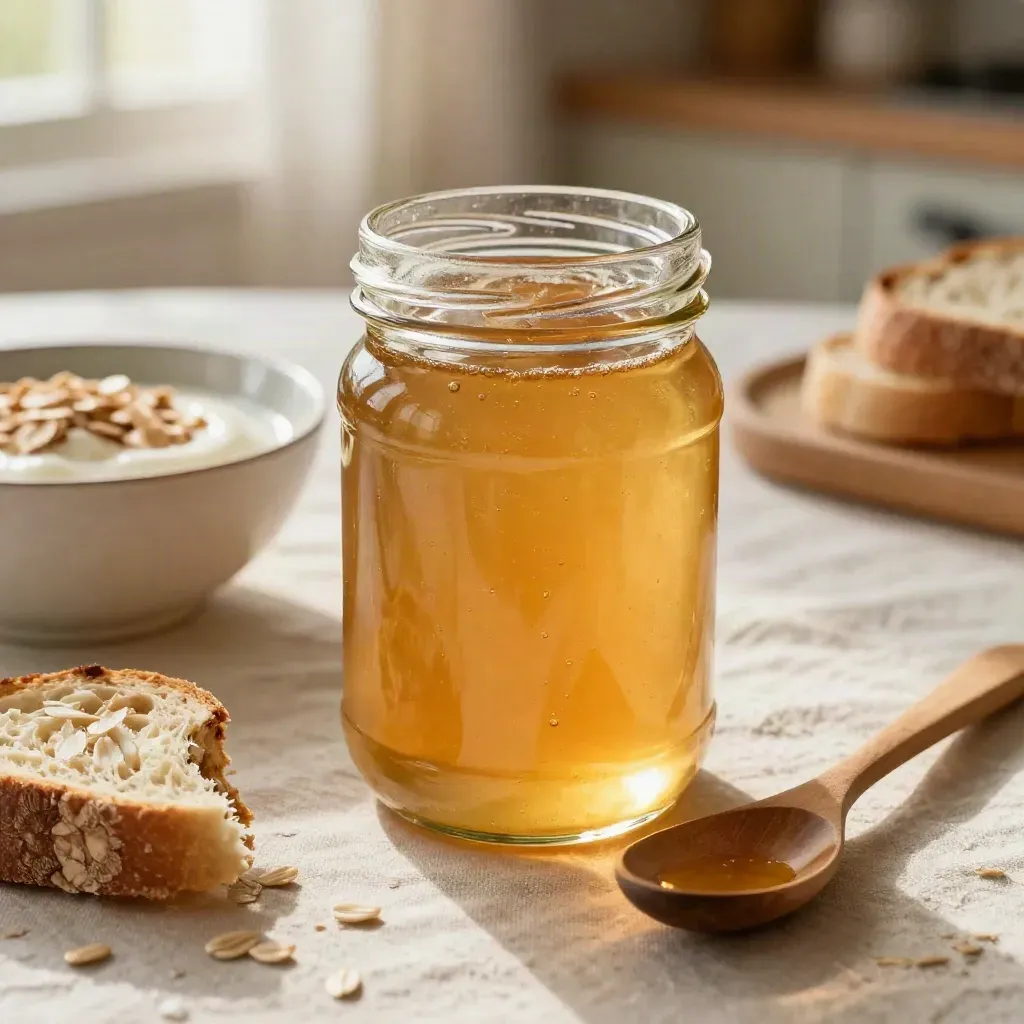 Pot de miel sur table du petit-déjeuner avec bol, pain et cuillère en bois, lumière douce.