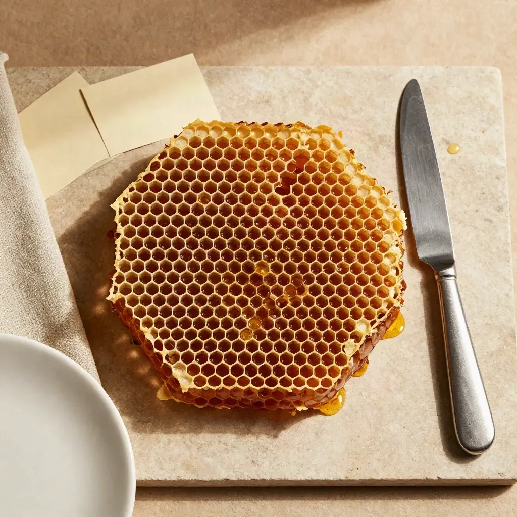 Rayon de miel entier avec couteau de service et petite assiette en grès, vue du dessus.