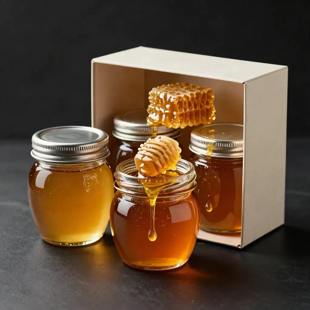 Coffret cadeau de miel ouvert avec trois pots et rayon de miel sur fond noir dramatique.