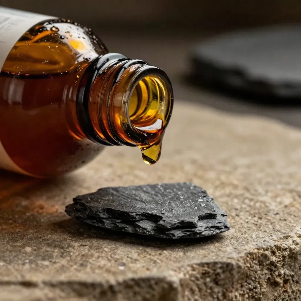 Gros plan d’un flacon de propolis ambré sur ardoise, avec une goutte sombre suspendue.