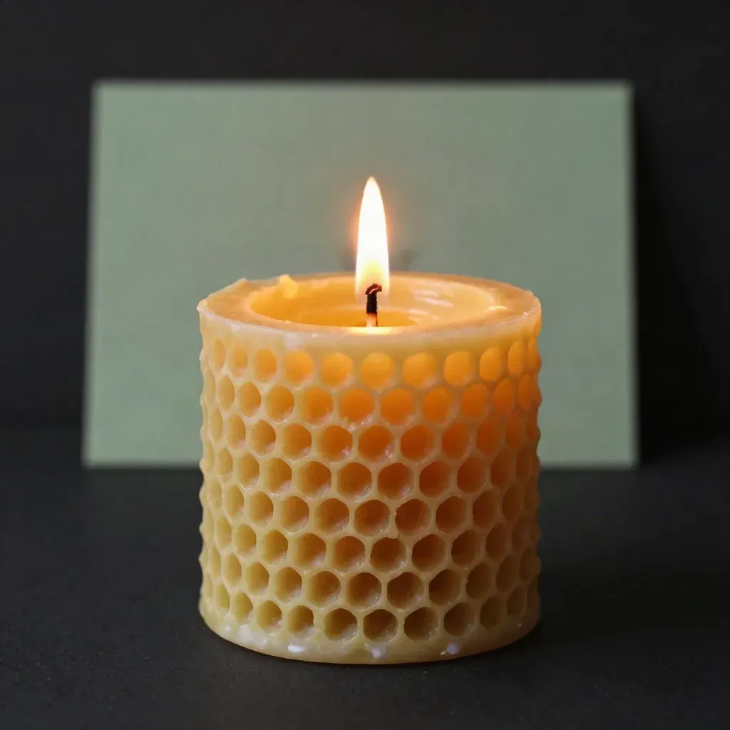 Bougie ruche en cire d’abeille allumée, texture alvéolée, sur fond sombre avec touche sauge.