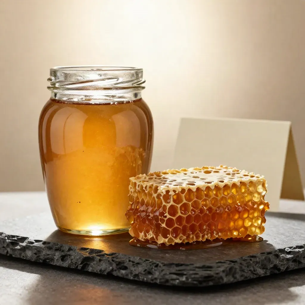 Pot de miel clair et rayon brut sur socle sombre, ambiance studio luxueuse.
