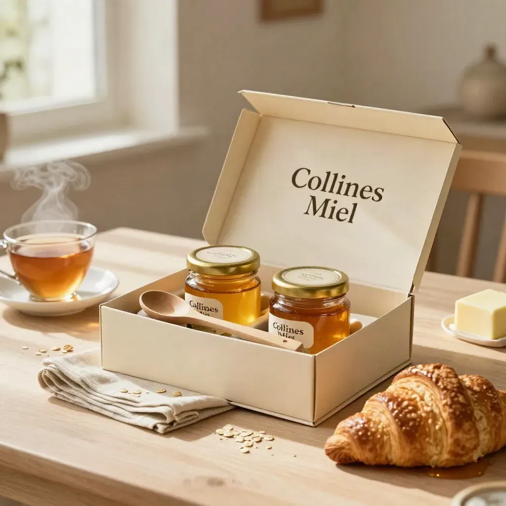 Coffret petit déjeuner au miel avec deux pots, cuillère en bois et table de matin lumineuse