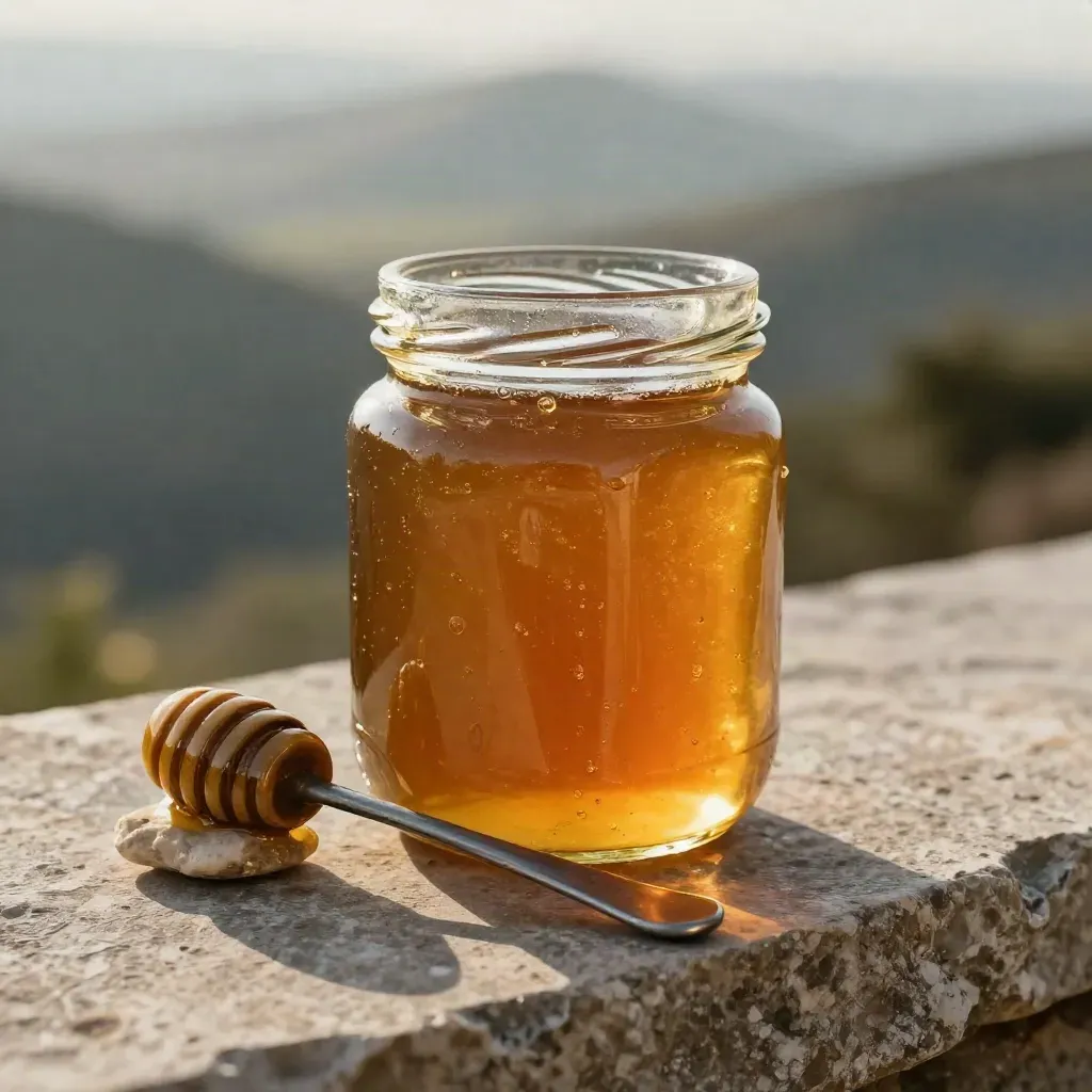 Gros plan d’un pot de miel de montagne, cuillère de service et pierre sèche sur pierre calcaire.