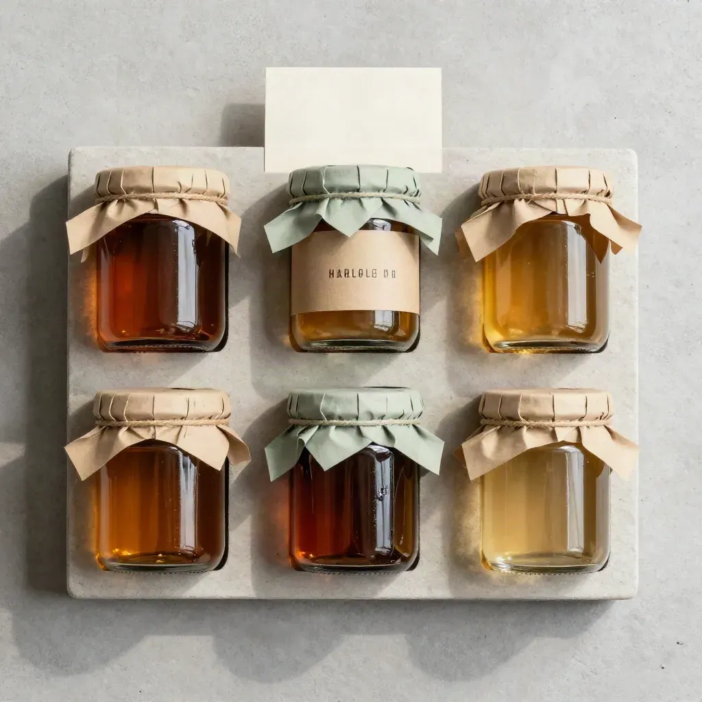 Vue du dessus d’un pack boutique de six pots de miel dans un calage artisanal, sur béton gris doux.