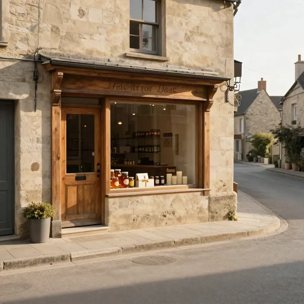 Petite boutique de village en pierre blonde au soleil couchant, rue vide et vitrine au miel.