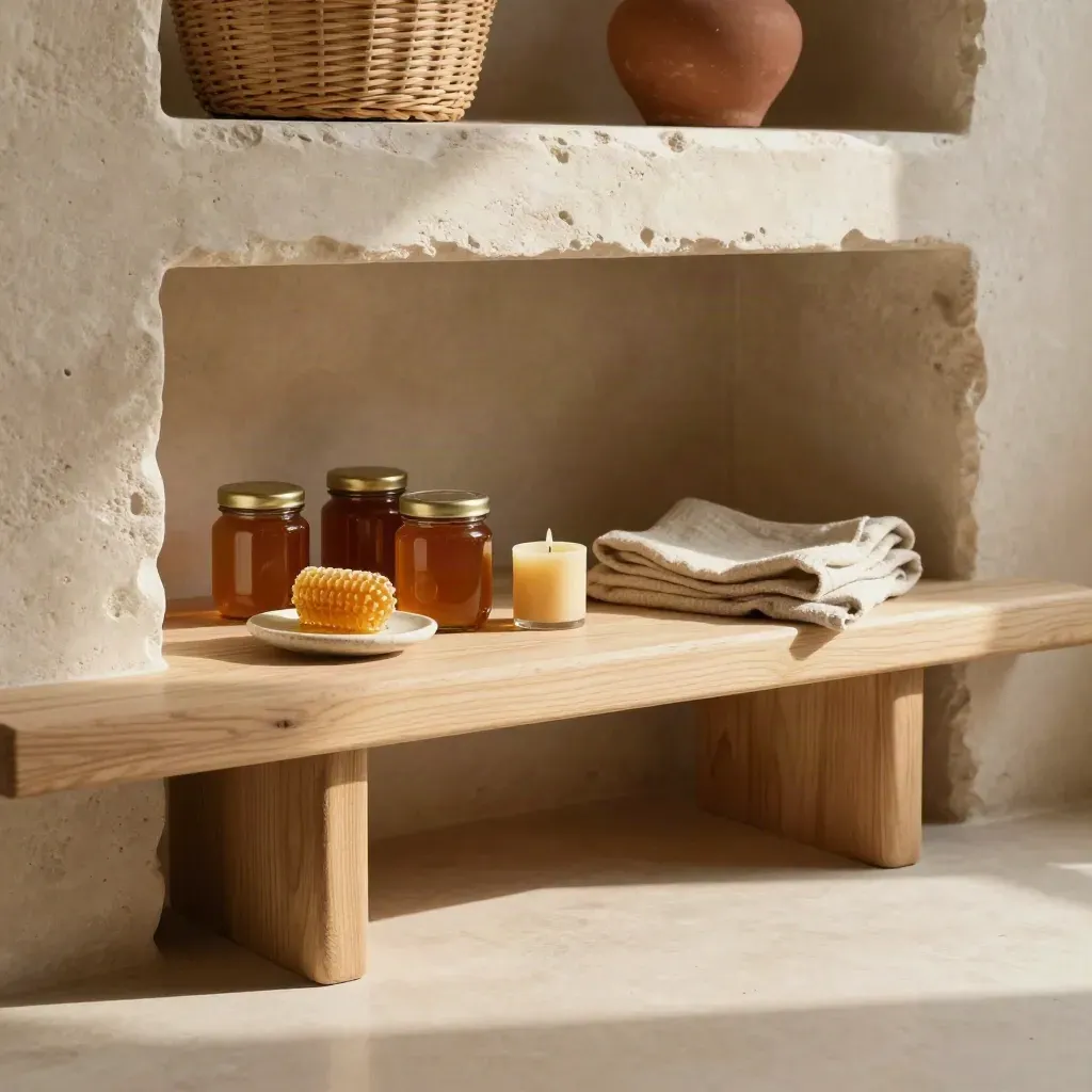 Intérieur artisanal lumineux avec miel, cire et lin, ambiance chaleureuse.