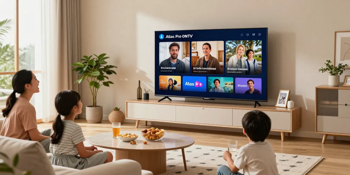 Profitez d'Atlas Pro ONTV avec une famille se divertissant devant leur Smart TV dans un salon moderne.