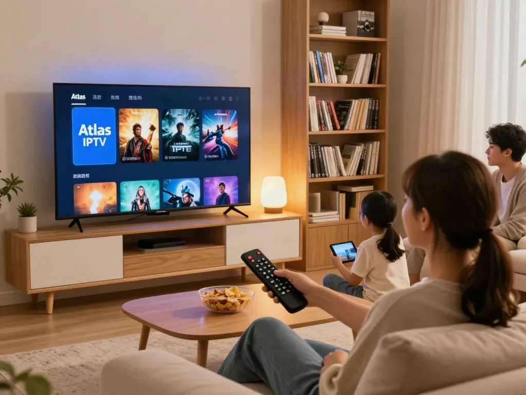 Configuration de divertissement à domicile avec Atlas Iptv affiché sur un téléviseur intelligent.